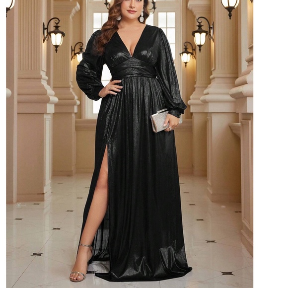 Plus Plunging Neckline High Waisted Split Thigh Wedding Party Formal Dress - Picture 6 of 9